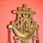 Brass Ganesha Wall Hanging – 32 cm | With Five Bells & Carved Background | Antique Golden Finish | Handcrafted Showpiece for Temple, Home & Wall Decor