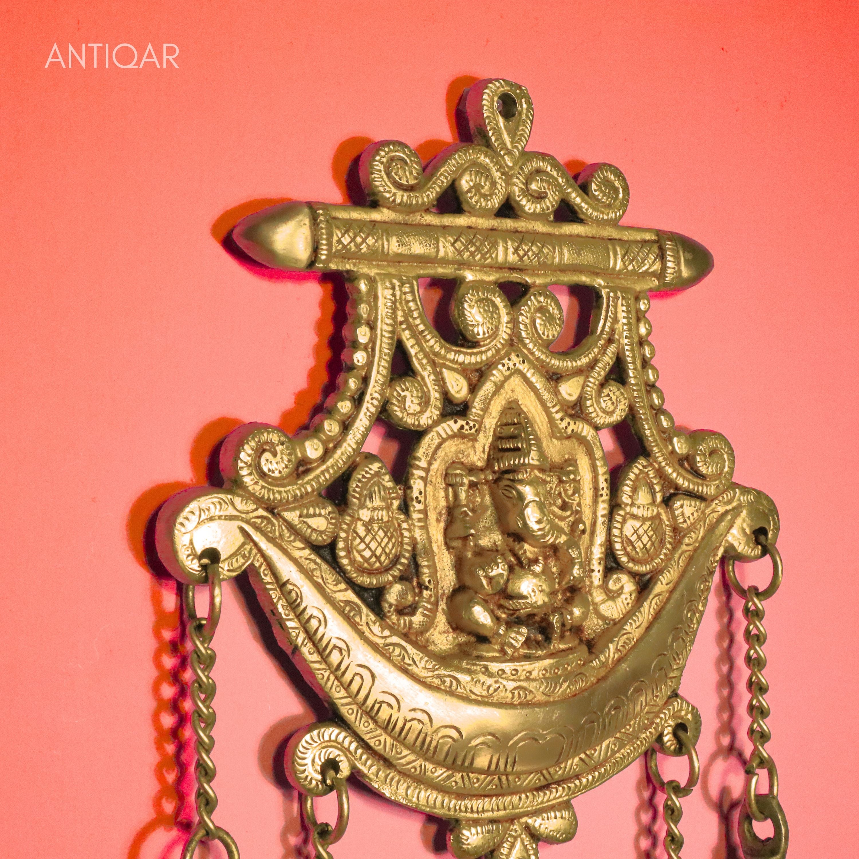Brass Ganesha Wall Hanging – 32 cm | With Five Bells & Carved Background | Antique Golden Finish | Handcrafted Showpiece for Temple, Home & Wall Decor
