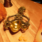 "Brass Aarti Diya – 2.5 cm | With Designer Handle | Black Antique Finish | Handcrafted Pooja Decor for Temple, Home & Festival Use  "