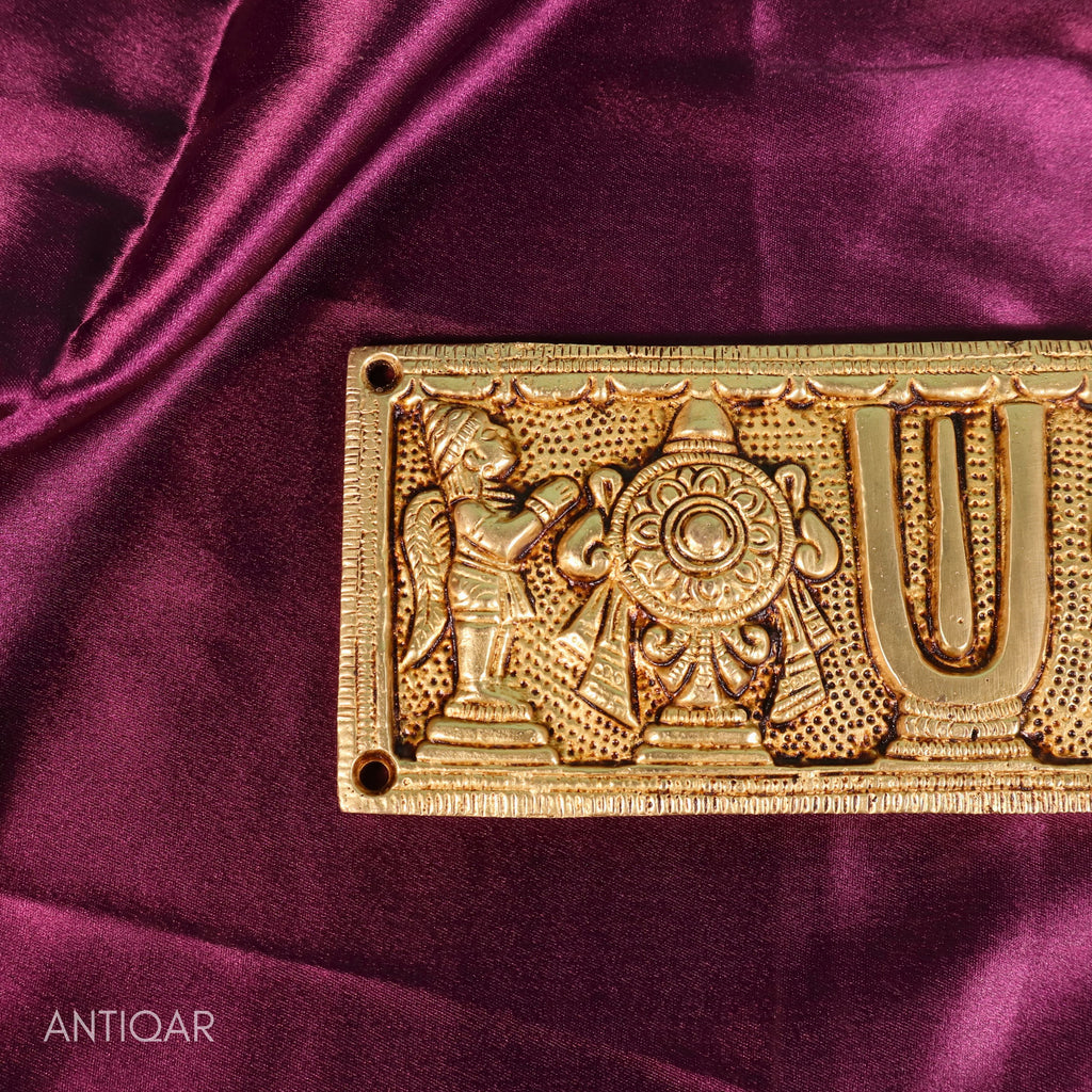 Brass Shankh Chakra Wall Plate – 8 cm | Antique Golden Finish | Handcrafted Spiritual Decor for Temple, Door, Wall & Home