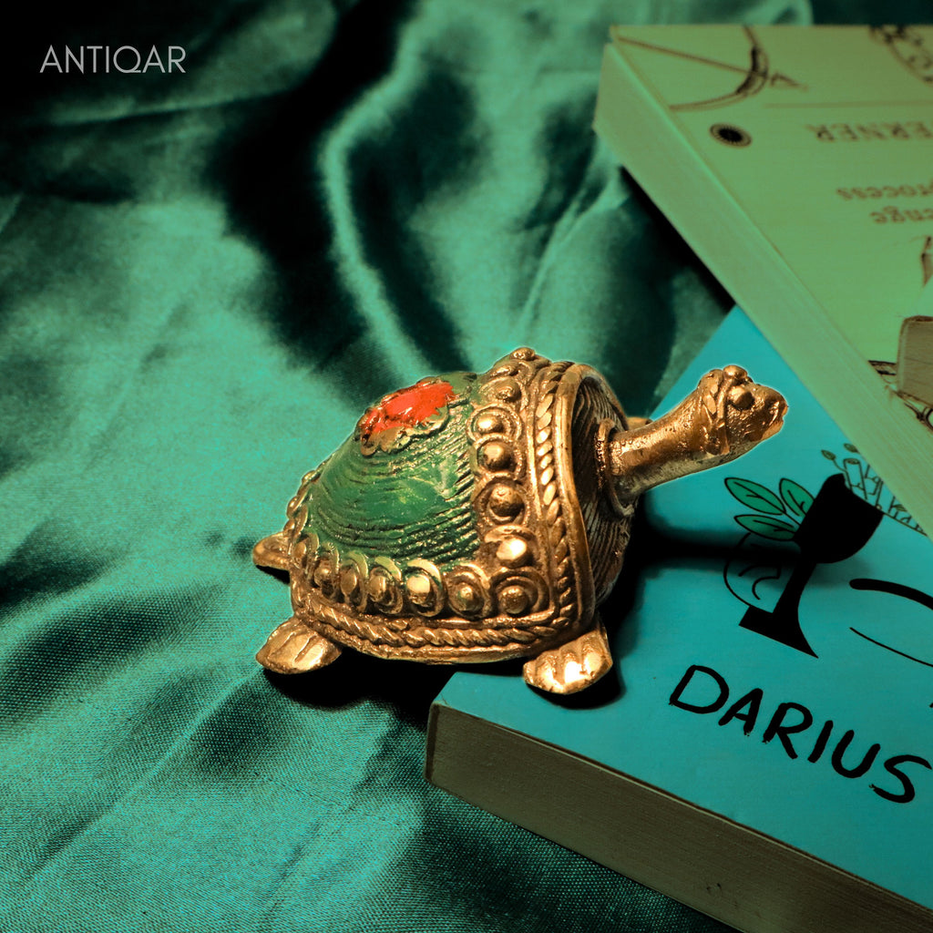 Dhokra Art Brass Turtle – 3 cm | Green Antique Finish | Tribal Handcrafted Showpiece for Temple, Home & Table Decor