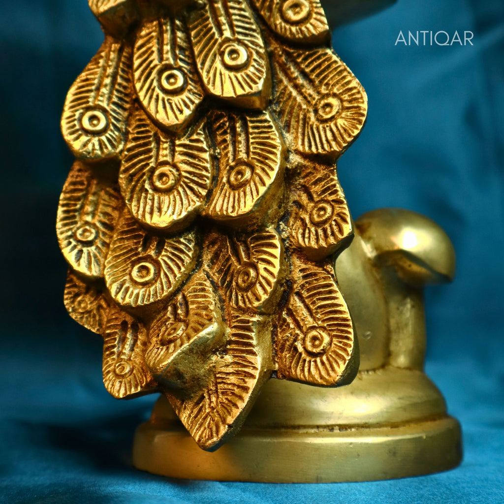 Brass Peacock Showpiece – 21 cm | Sitting on Mushroom | Antique Golden Finish | Handcrafted Decor for Temple, Table & Home
