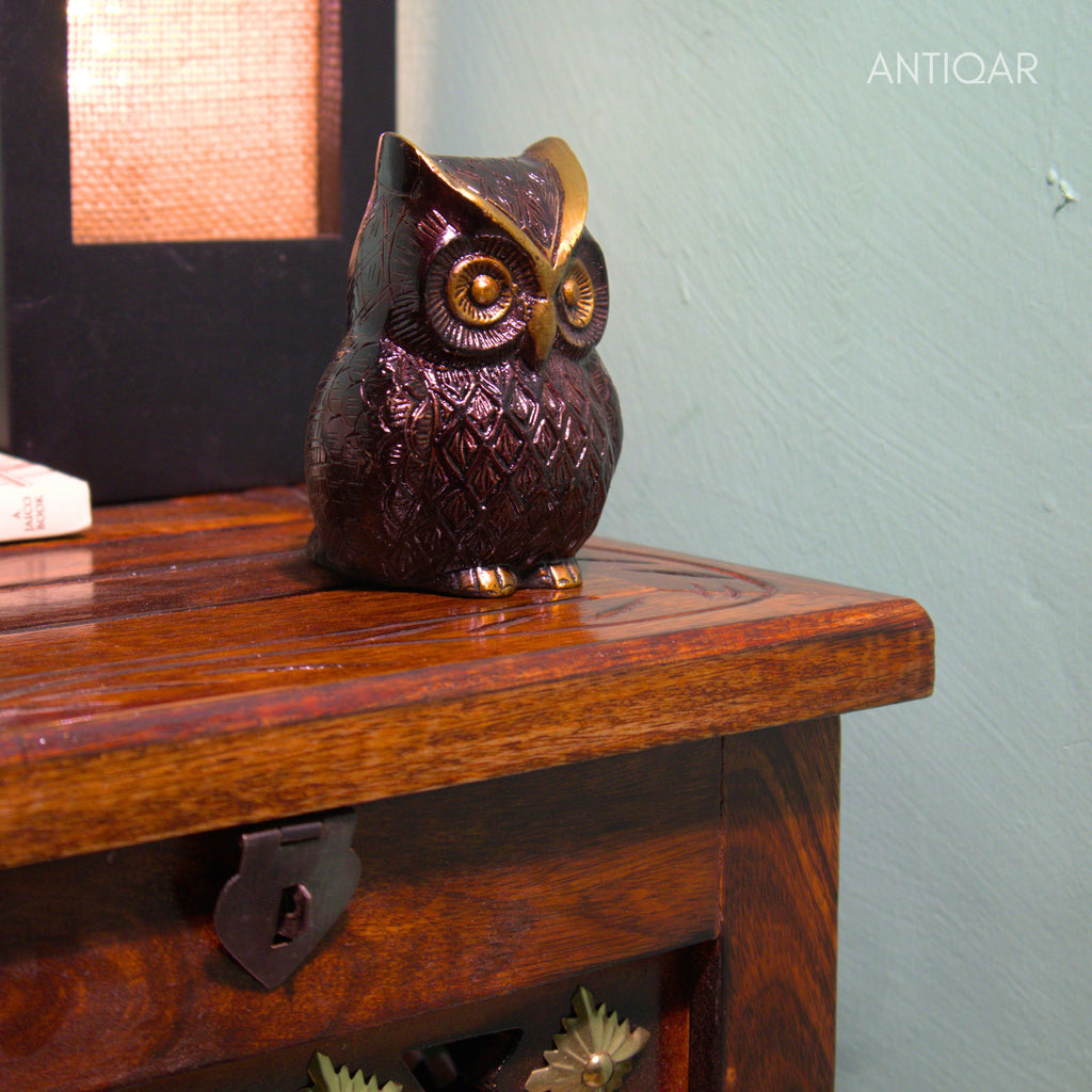 Brass Owl Figurine – 7 cm | Brown Antique Finish | Handcrafted Showpiece for Home, Temple & Table Decor