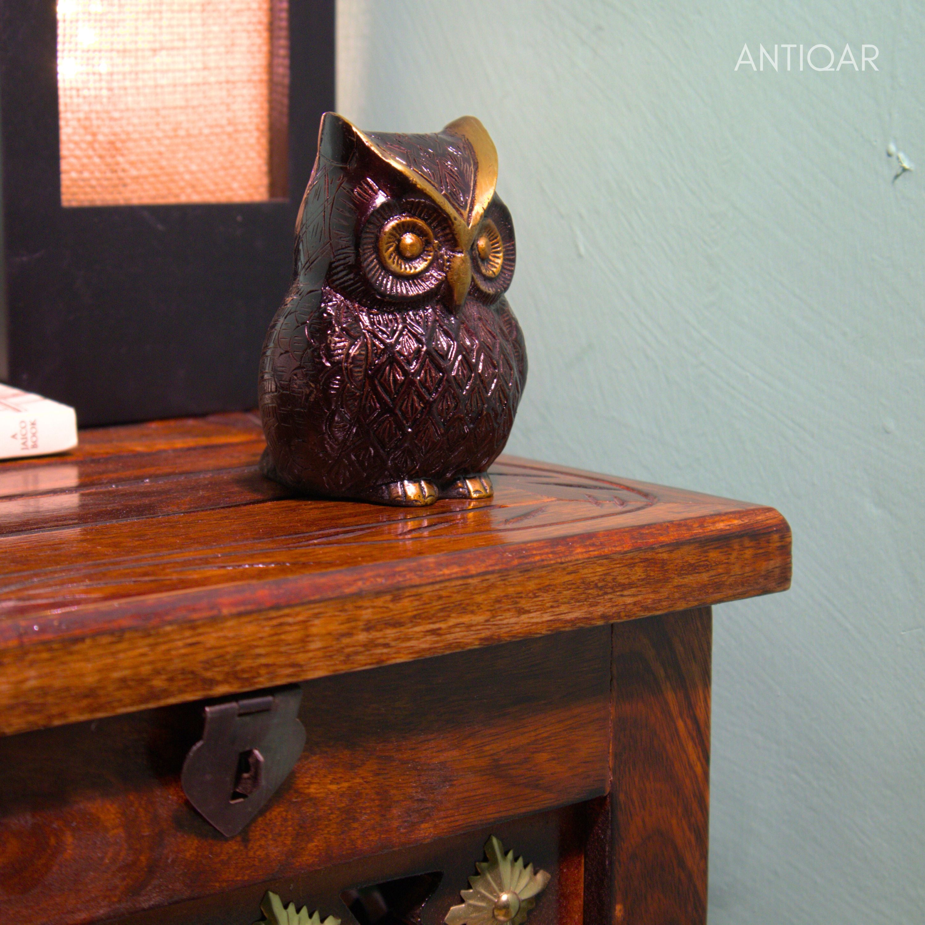 Brass Owl Figurine – 7 cm | Brown Antique Finish | Handcrafted Showpiece for Home, Temple & Table Decor