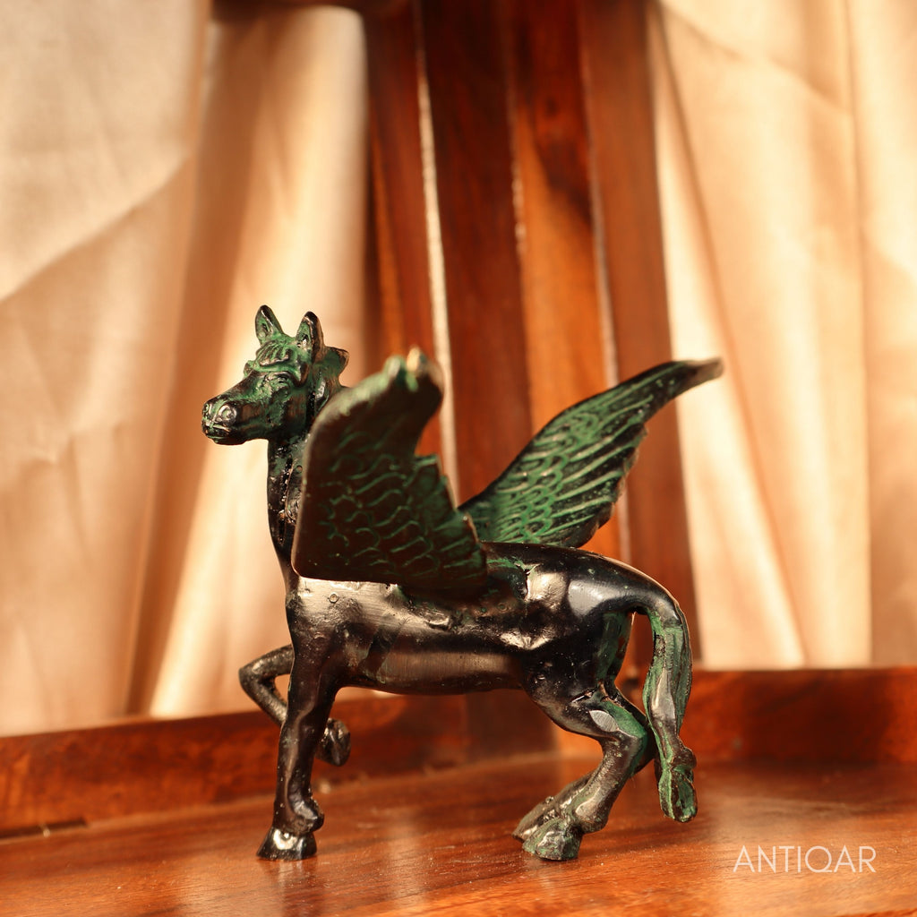 Brass Flying Horse Showpiece – 9.5 cm | Black Green Patina Finish | Handcrafted Figurine for Home & Table Decor