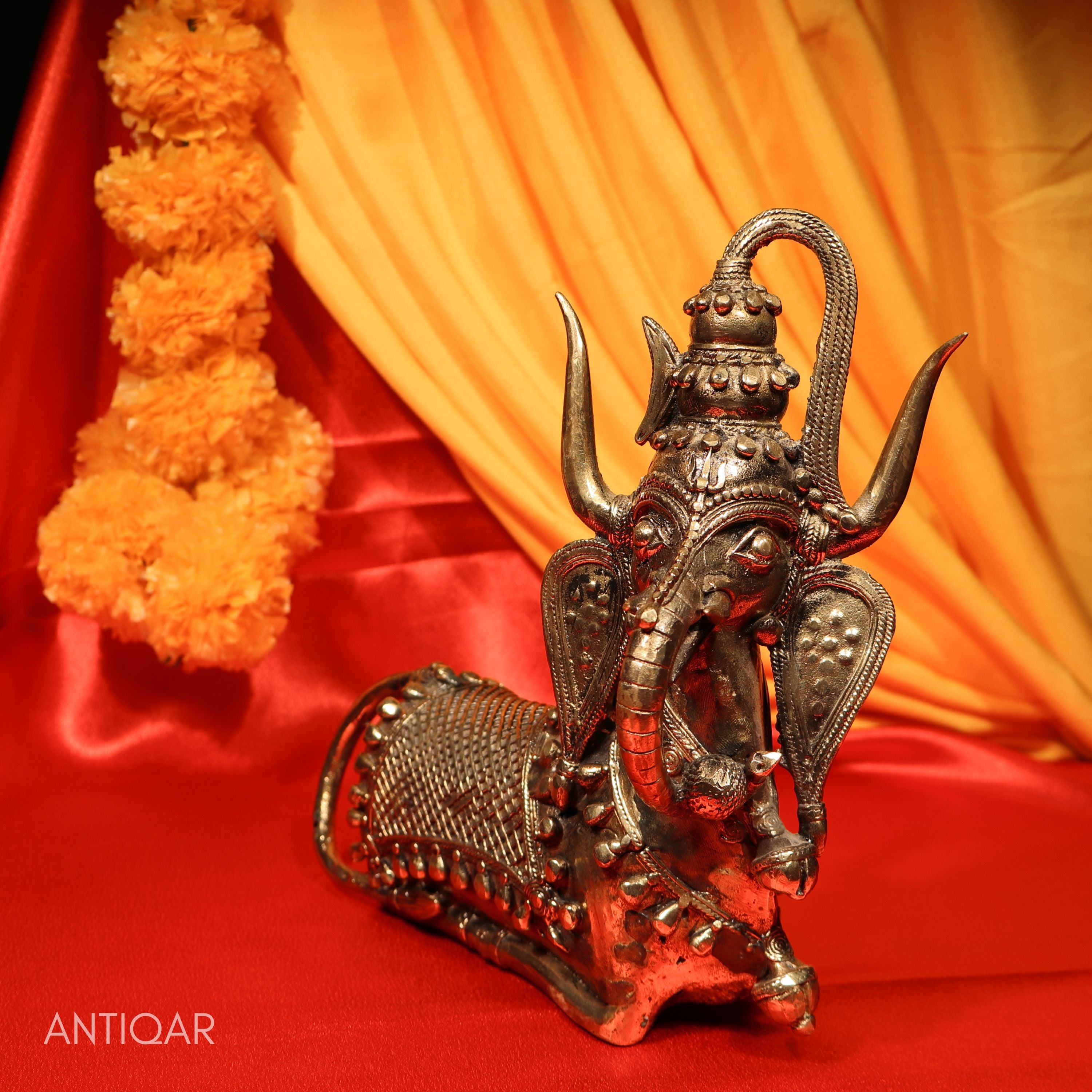 "Dhokra Art Brass Nandi – 32 cm | Standing Pose with Ganesha Face & Trishul on Head | Antique Finish Tribal Handcrafted Showpiece for Temple, Home & Table Decor  "