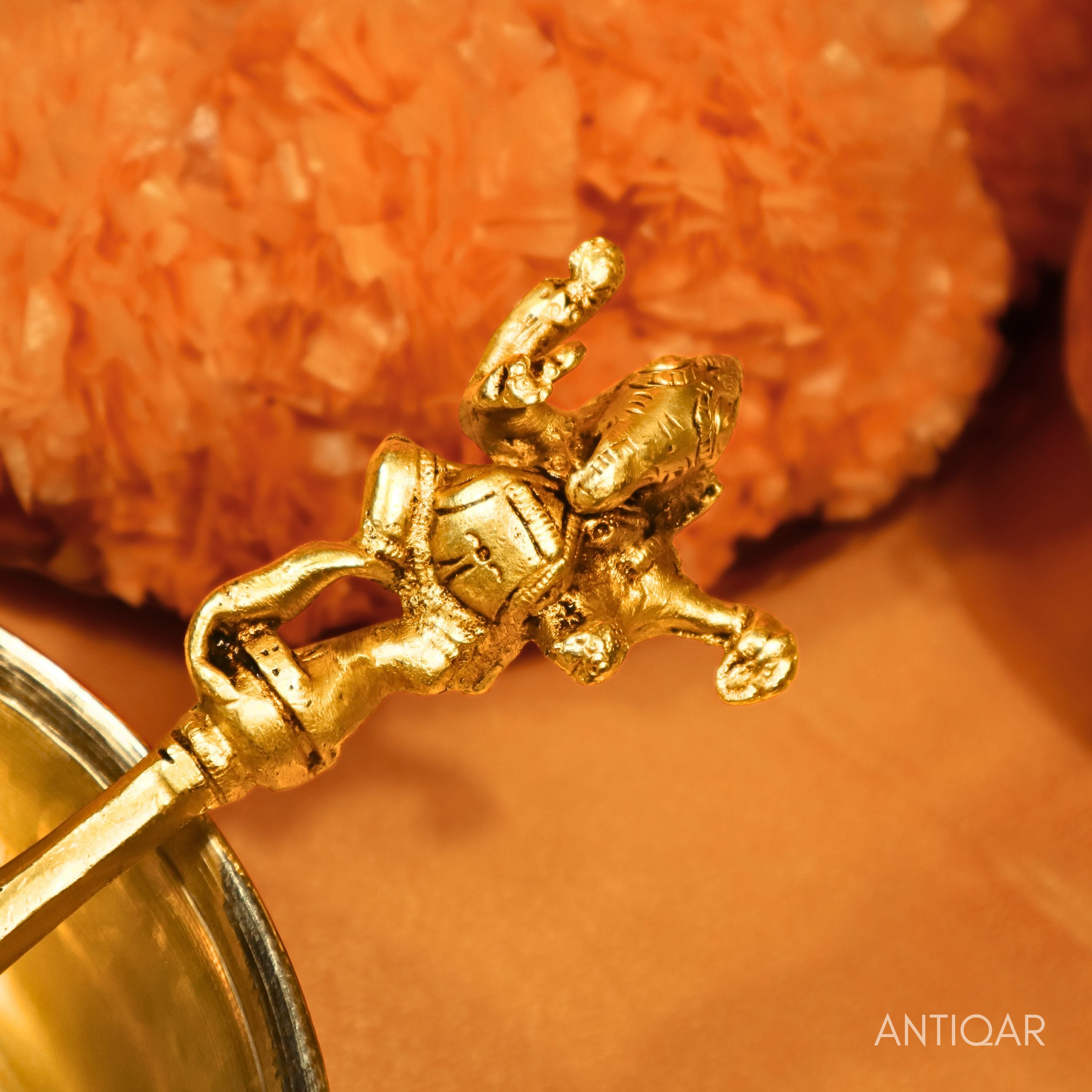 "Dancing Ganesha on Hawan Spoon – 22 cm | Antique Golden Finish | Handcrafted Brass Puja Item for Temple, Home & Festive Decor   "