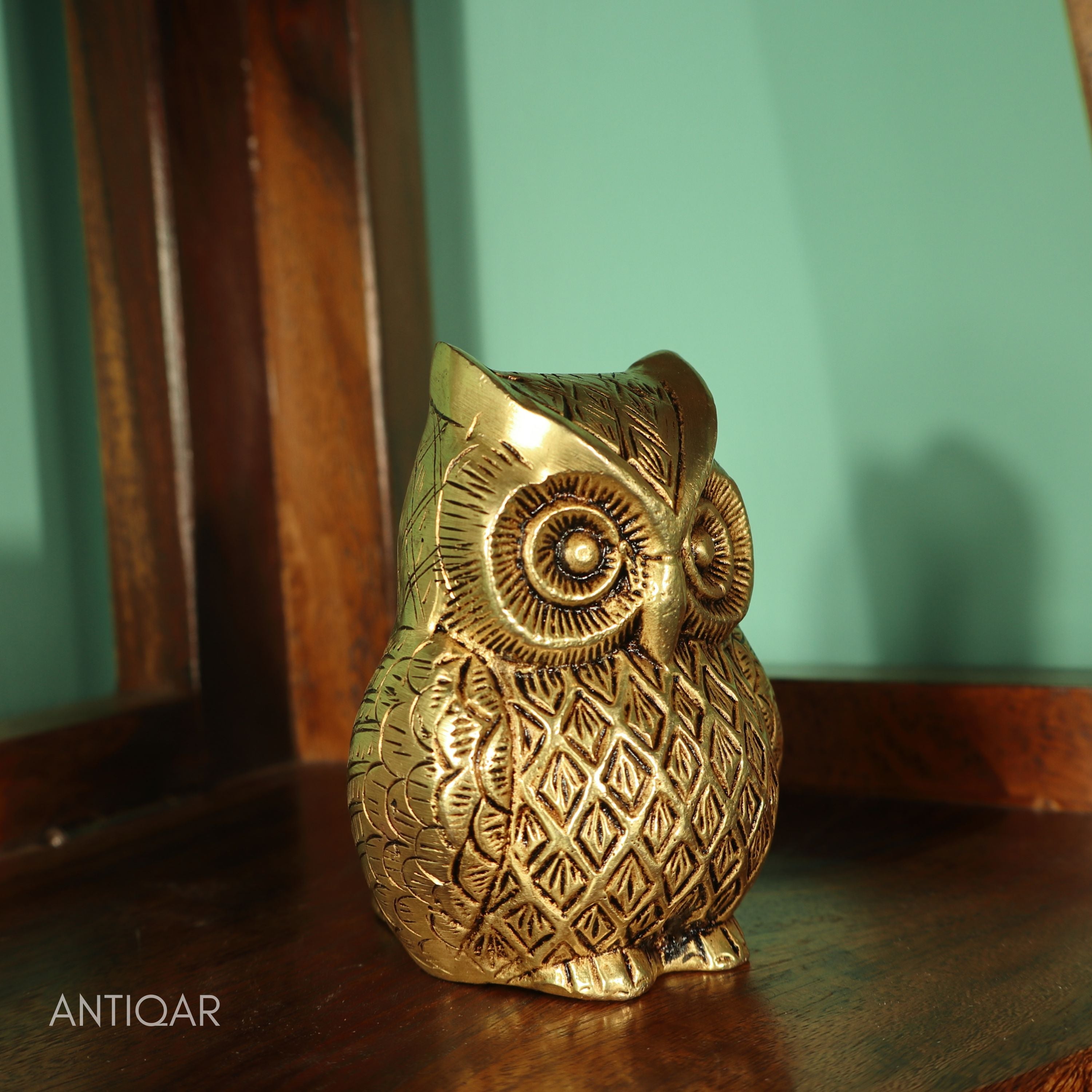 Brass Owl Figurine – 7 cm | Sitting Position with Carved Detailing | Antique Golden Finish | Handcrafted Decor for Temple, Home & Table