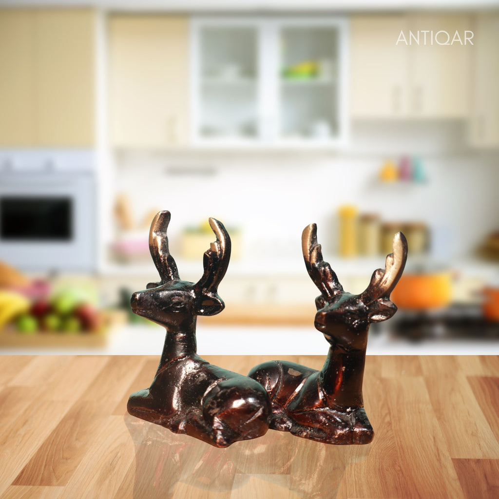 Brass Brown Deer Pair Showpiece – 6 cm | Handcrafted Decorative Figurines for Temple, Home & Car Dashboard
