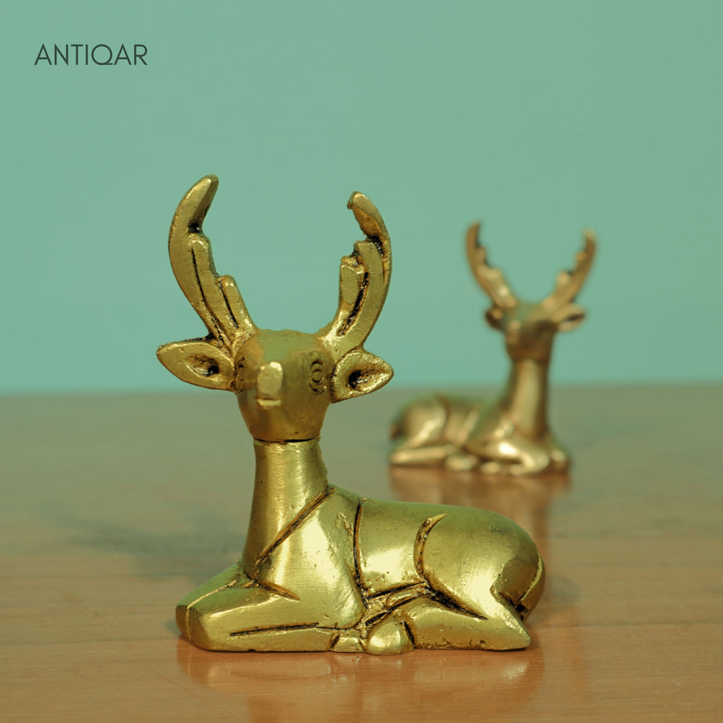 Brass Deer Showpiece Pair – 6 cm | Sitting Position with Antique Golden Finish | Handcrafted Decorative Figurines for Temple, Home & Car Dashboard