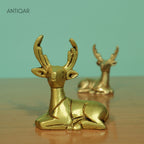 Brass Deer Showpiece Pair – 6 cm | Sitting Position with Antique Golden Finish | Handcrafted Decorative Figurines for Temple, Home & Car Dashboard
