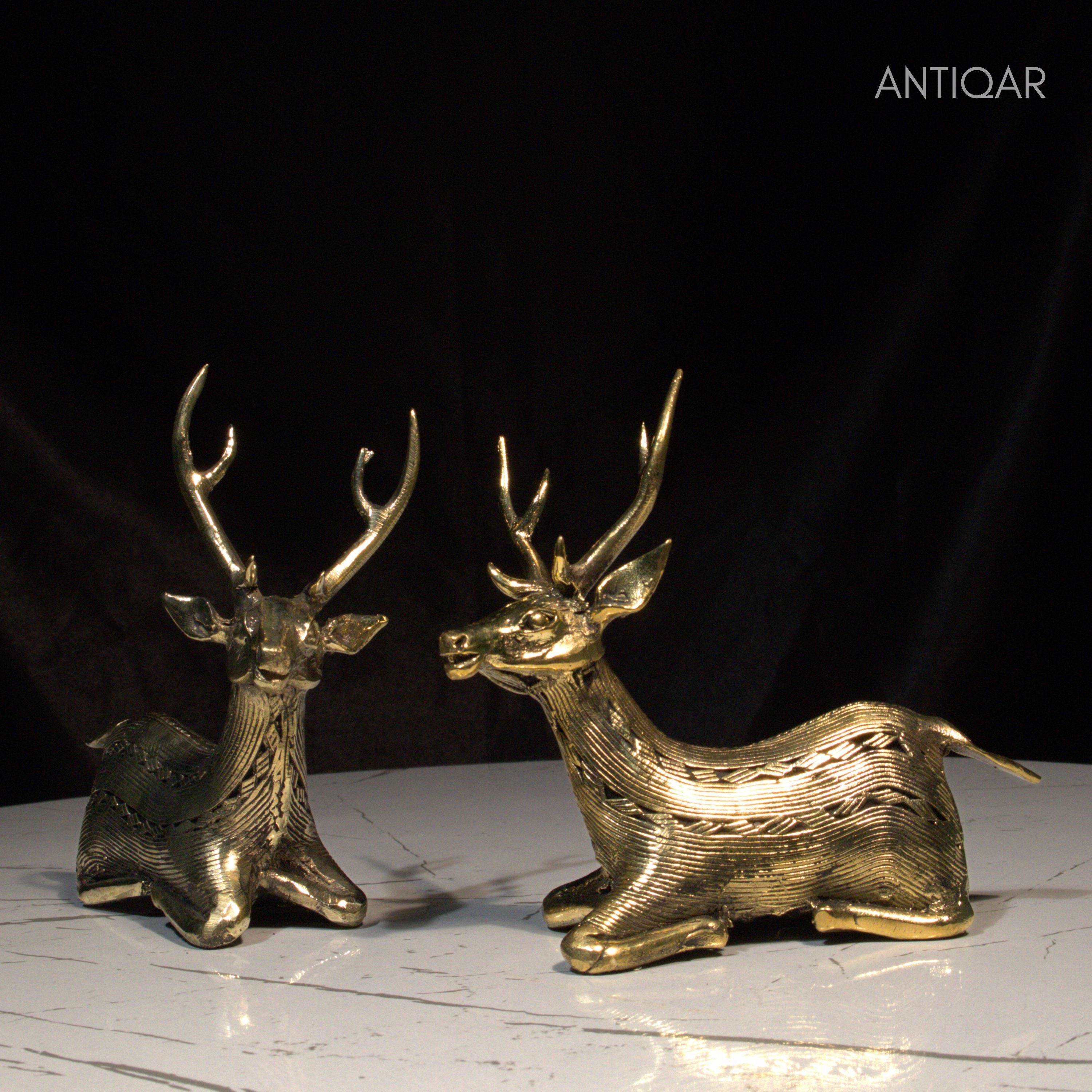 Dhokra Art Brass Deer Pair – 10 cm | Brown Antique Finish | Sitting Pose Tribal Handcrafted Showpiece for Home, Temple & Table Decor
