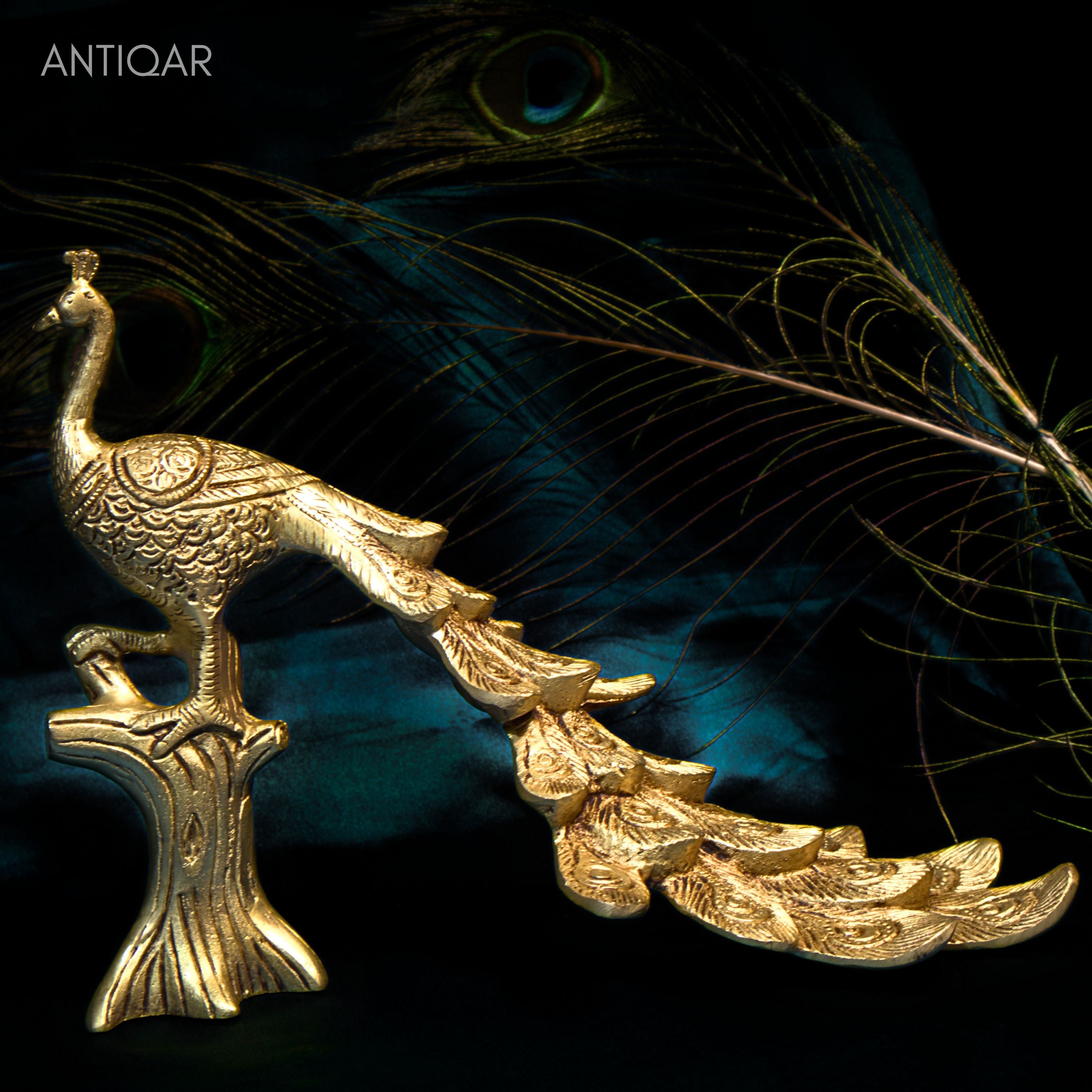 Brass Peacock Showpiece – 21 cm | Sitting on Tree Trunk Design | Antique Golden Finish | Handcrafted Decor for Temple, Home & Table