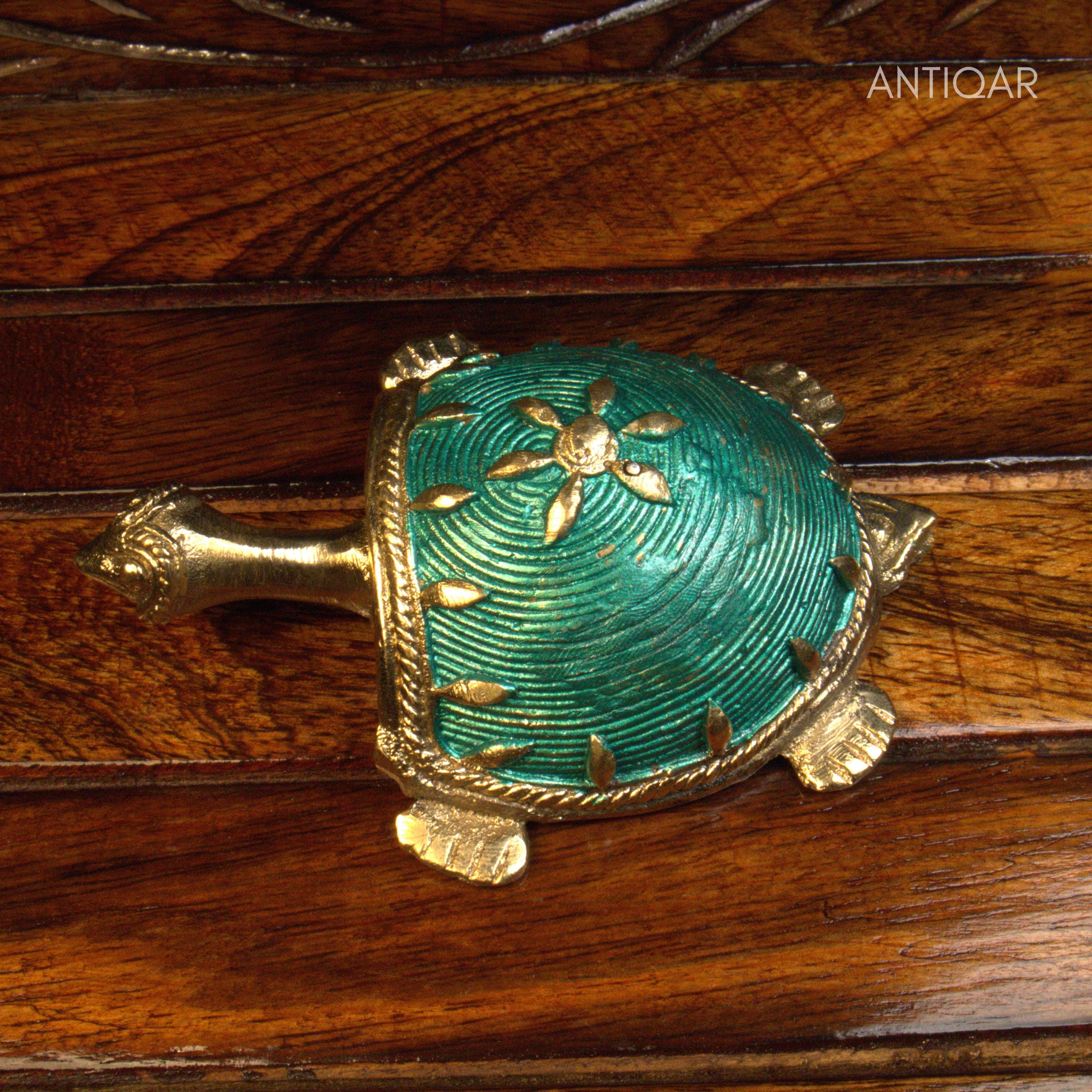 Dhokra Art Brass Turtle – 3 cm | Blue Antique Finish | Tribal Handcrafted Showpiece for Temple, Home & Table Decor