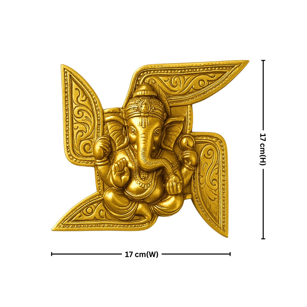 Brass Ganesha Swastik Wall Hanging – 17 cm | For Entrance and temple wall decor | Antique Golden Finish
