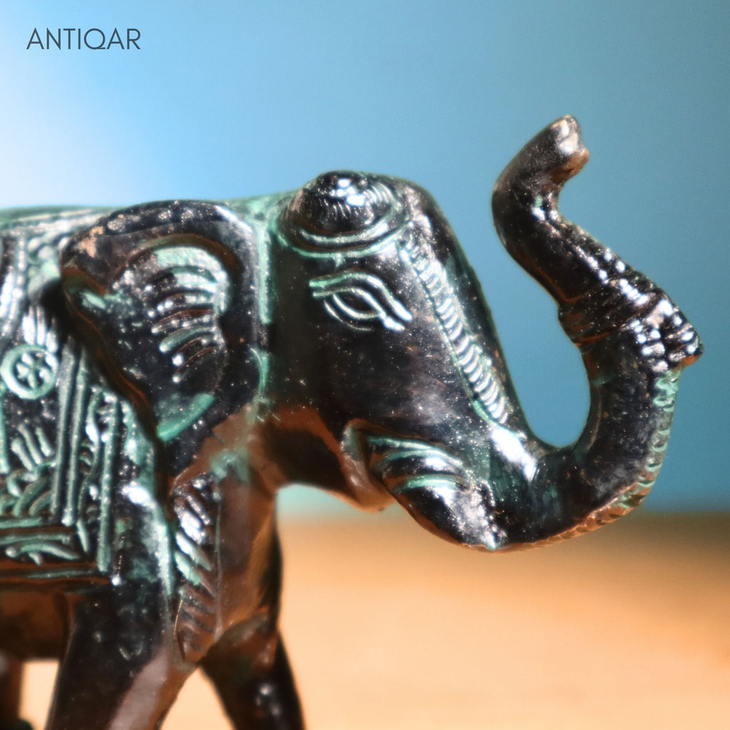 Brass Elephant Showpiece – 9 cm | Walking Pose with Upward Trunk & Carved Body | Black Green Patina Finish | Handcrafted Decor for Temple, Home & Table