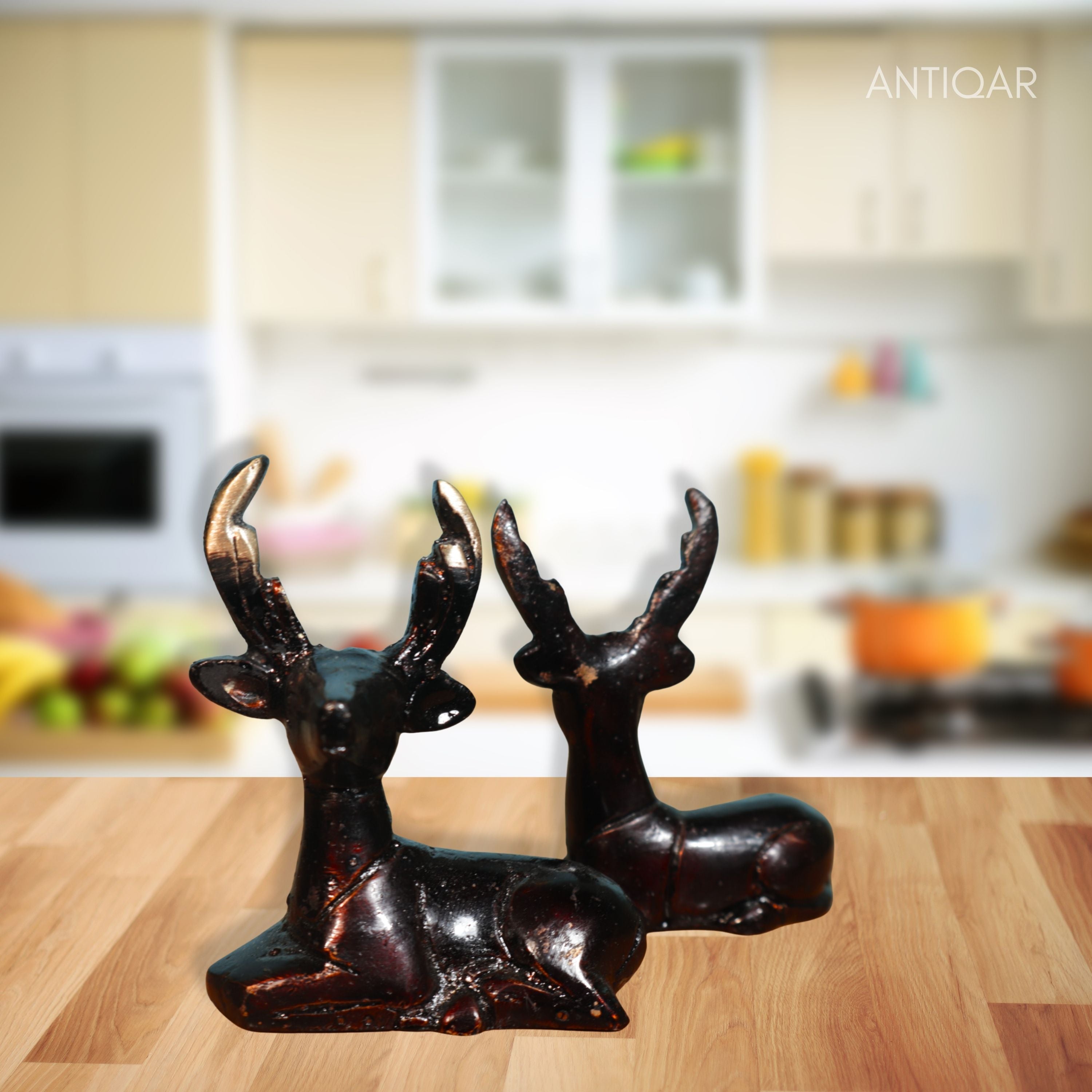 Brass Brown Deer Pair Showpiece – 6 cm | Handcrafted Decorative Figurines for Temple, Home & Car Dashboard