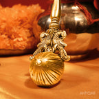 "Dancing Ganesha on Hawan Spoon – 22 cm | Antique Golden Finish | Handcrafted Brass Puja Item for Temple, Home & Festive Decor   "