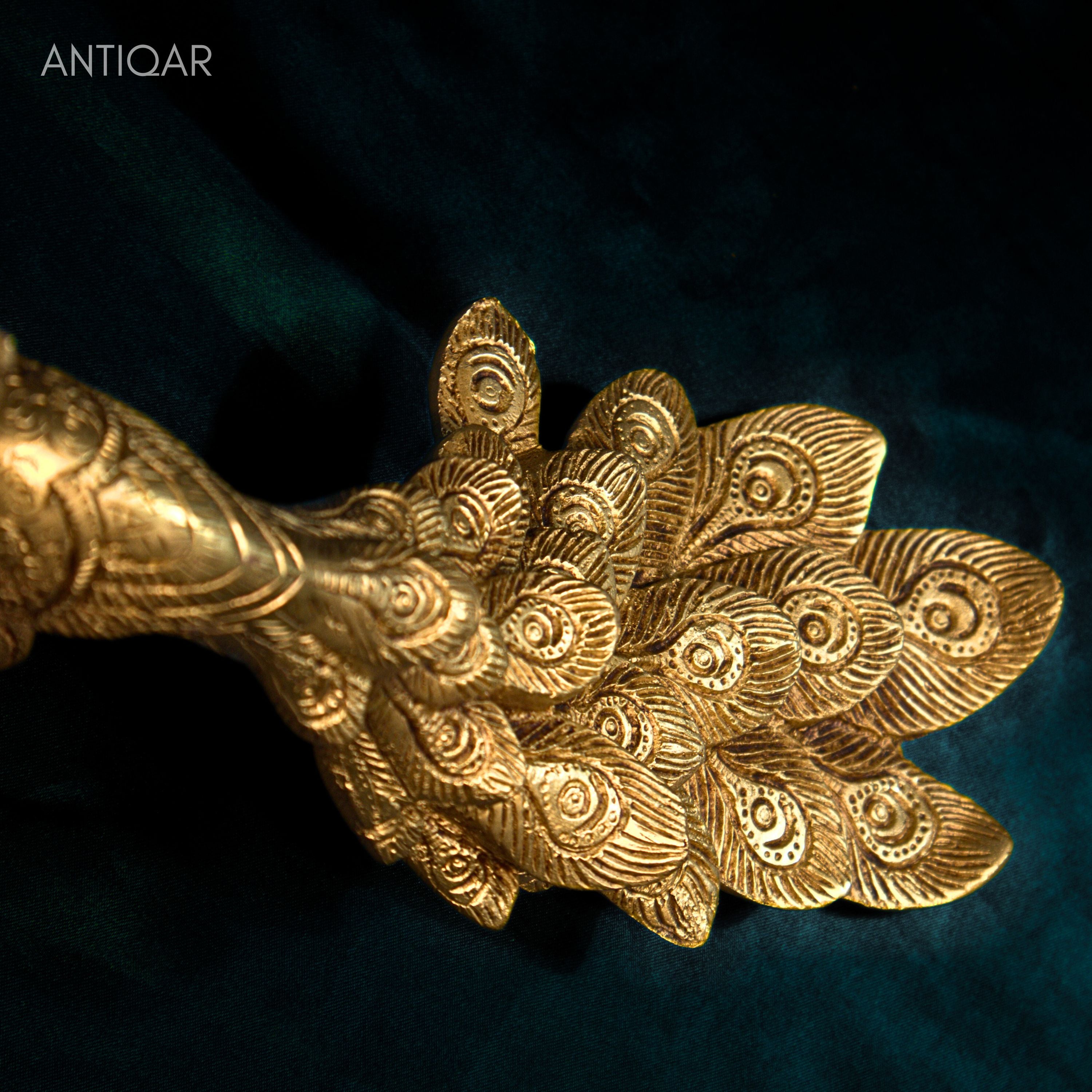 Brass Peacock Showpiece – 21 cm | Sitting on Tree Trunk Design | Antique Golden Finish | Handcrafted Decor for Temple, Home & Table