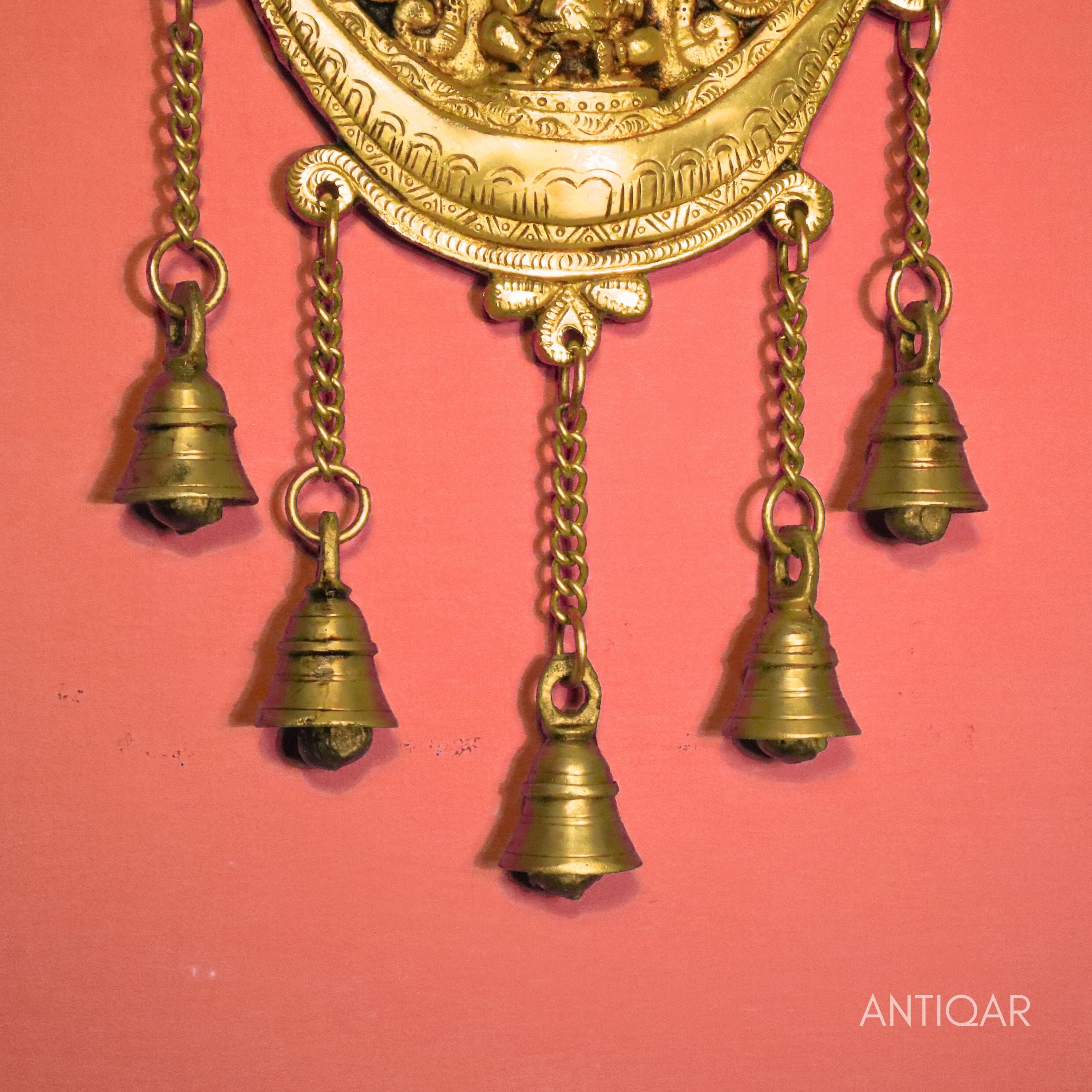 Brass Ganesha Wall Hanging – 32 cm | With Five Bells & Carved Background | Antique Golden Finish | Handcrafted Showpiece for Temple, Home & Wall Decor