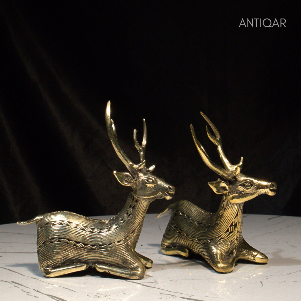 Dhokra Art Brass Deer Pair – 10 cm | Brown Antique Finish | Sitting Pose Tribal Handcrafted Showpiece for Home, Temple & Table Decor