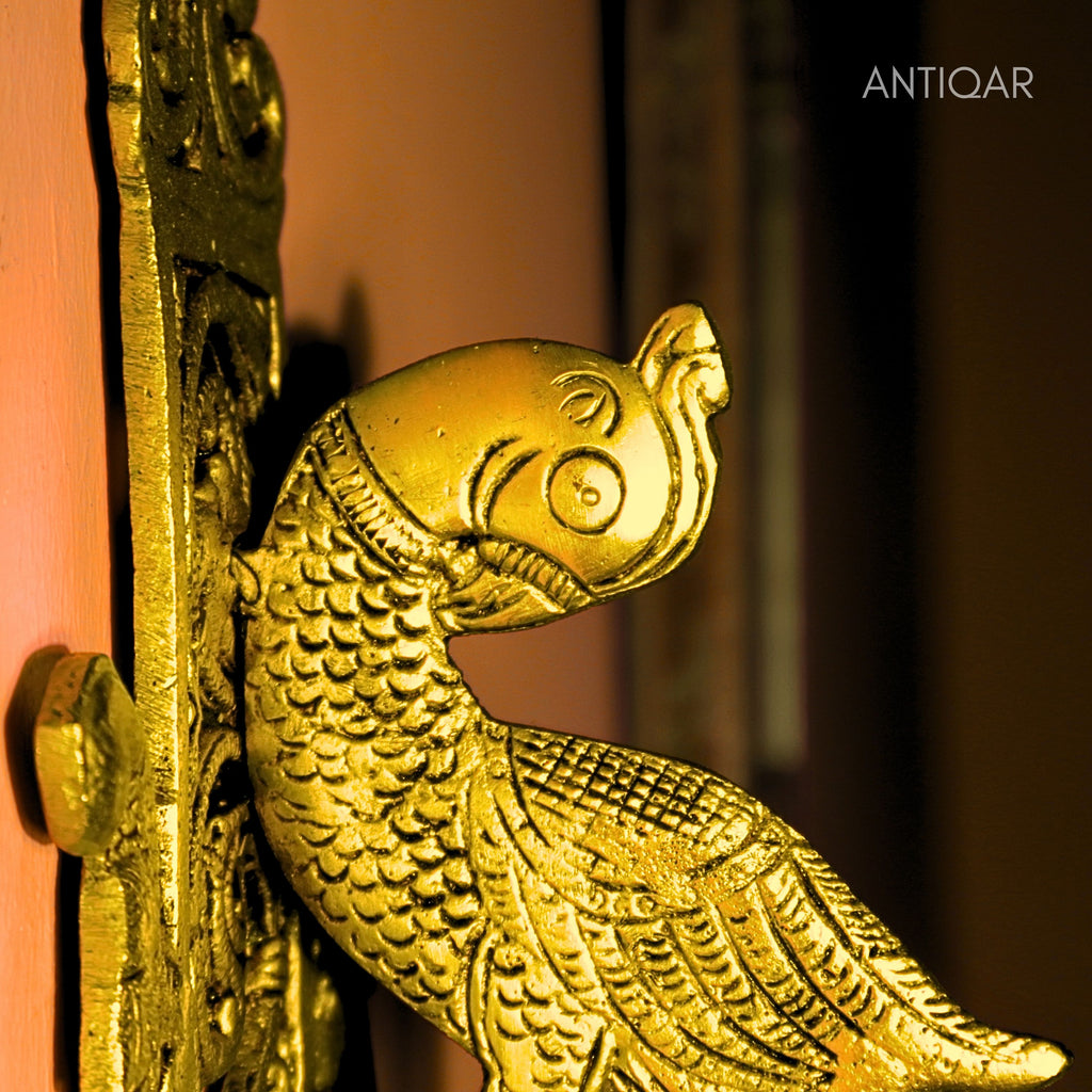 Brass Parrot Wall Hanging – 24 cm | Ethnic Design in Antique Golden Finish | Handcrafted Decor for Temple, Home & Wall