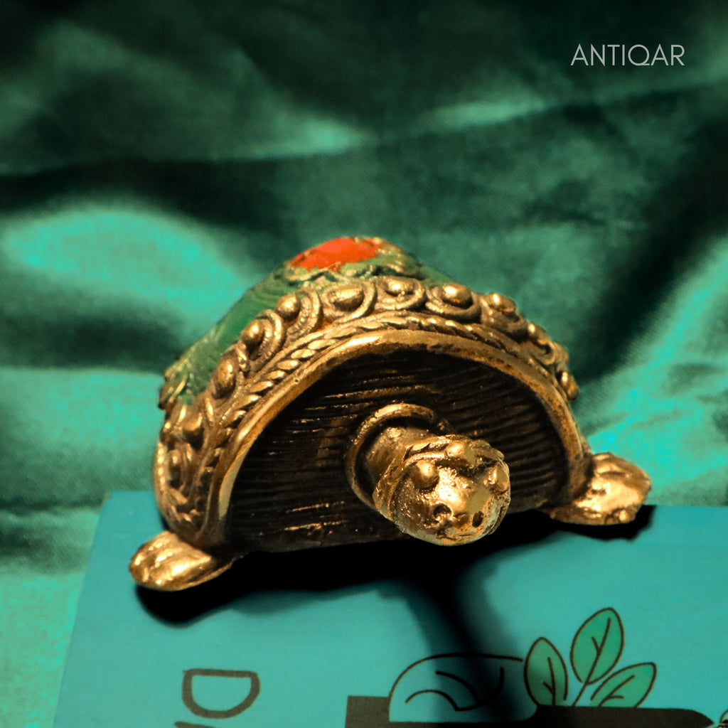 Dhokra Art Brass Turtle – 3 cm | Green Antique Finish | Tribal Handcrafted Showpiece for Temple, Home & Table Decor