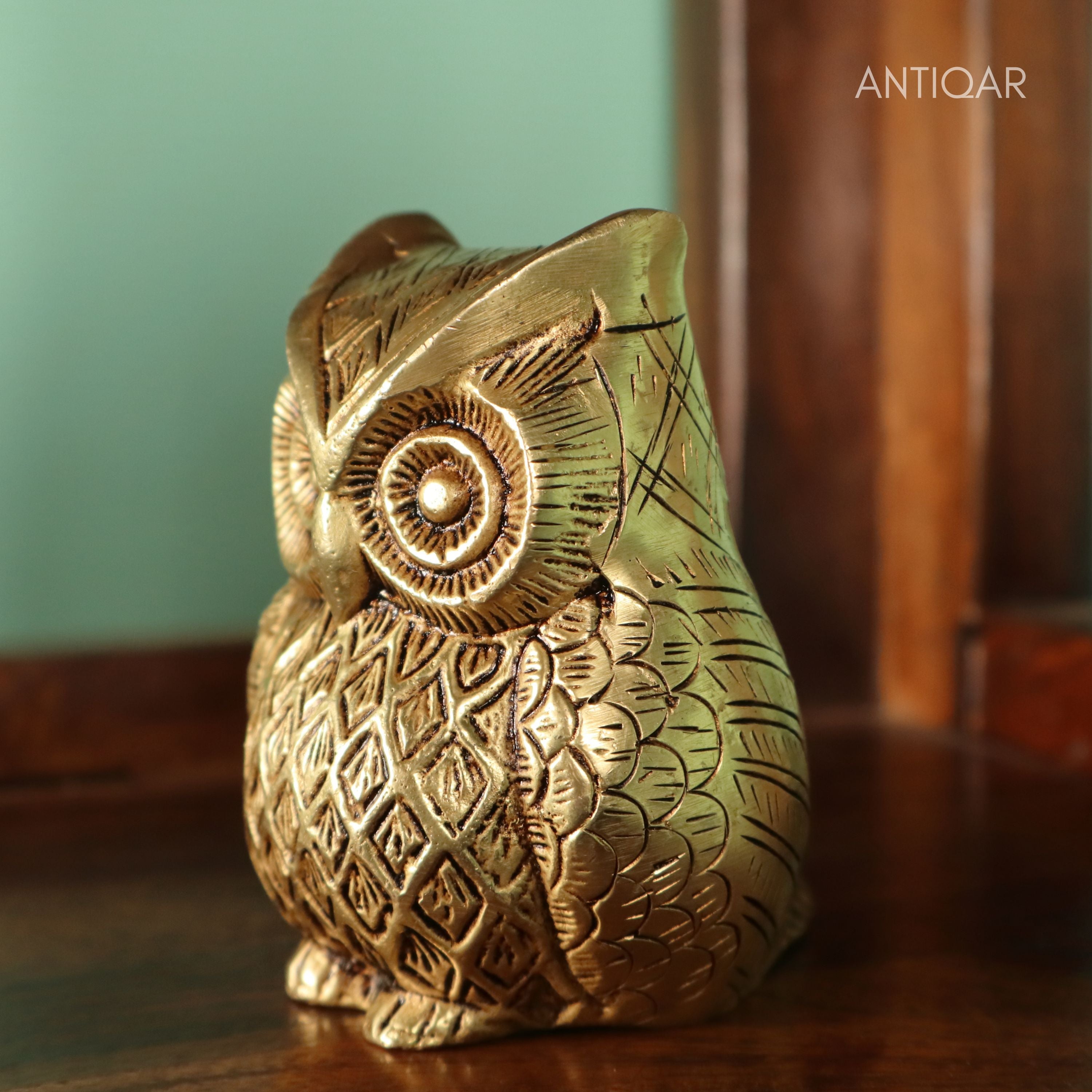 Brass Owl Figurine – 7 cm | Sitting Position with Carved Detailing | Antique Golden Finish | Handcrafted Decor for Temple, Home & Table