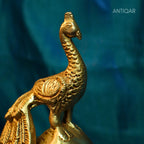 Brass Peacock Showpiece – 21 cm | Sitting on Mushroom | Antique Golden Finish | Handcrafted Decor for Temple, Table & Home