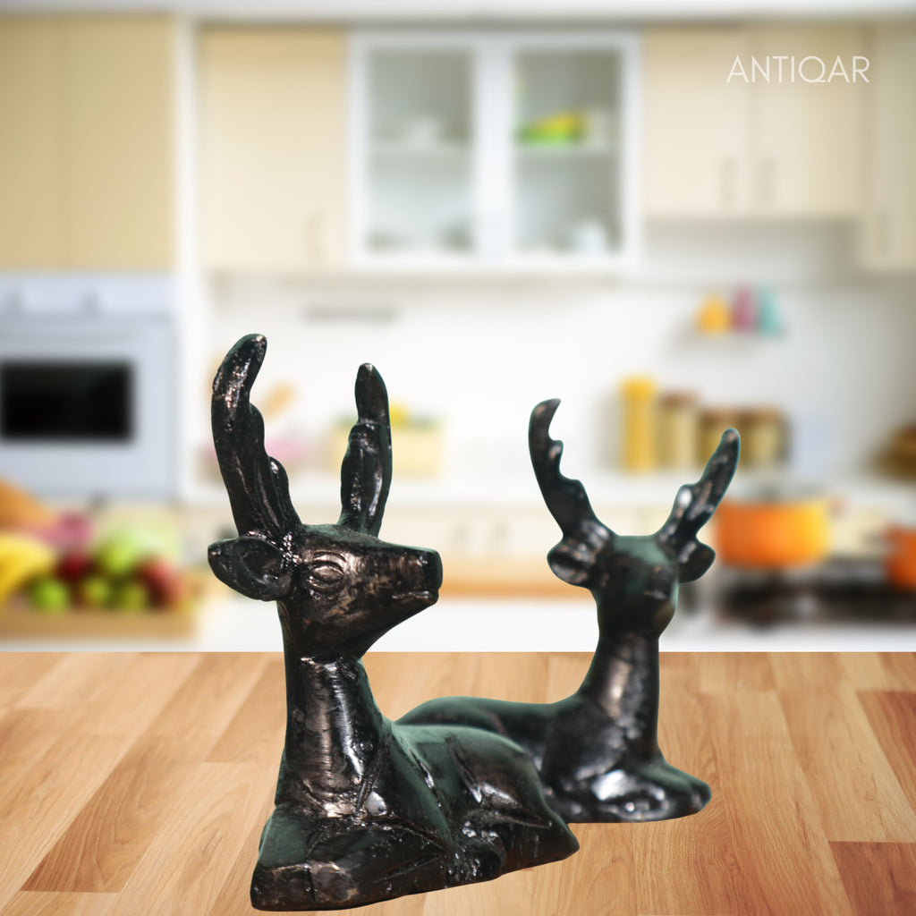 Brass Black Deer Pair Showpiece – 6 cm | Handcrafted Decorative Figurines for Temple, Home & Car Dashboard