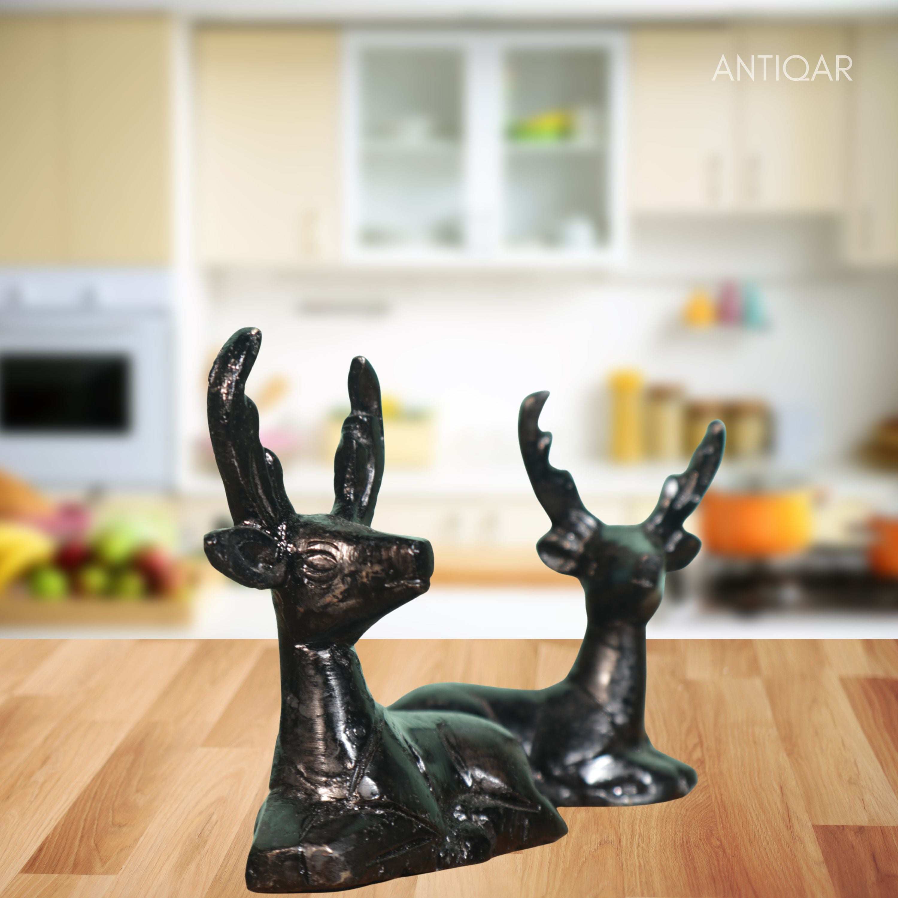 Brass Black Deer Pair Showpiece – 6 cm | Handcrafted Decorative Figurines for Temple, Home & Car Dashboard