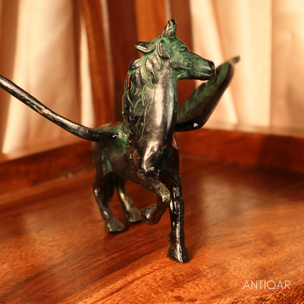 Brass Flying Horse Showpiece – 9.5 cm | Black Green Patina Finish | Handcrafted Figurine for Home & Table Decor