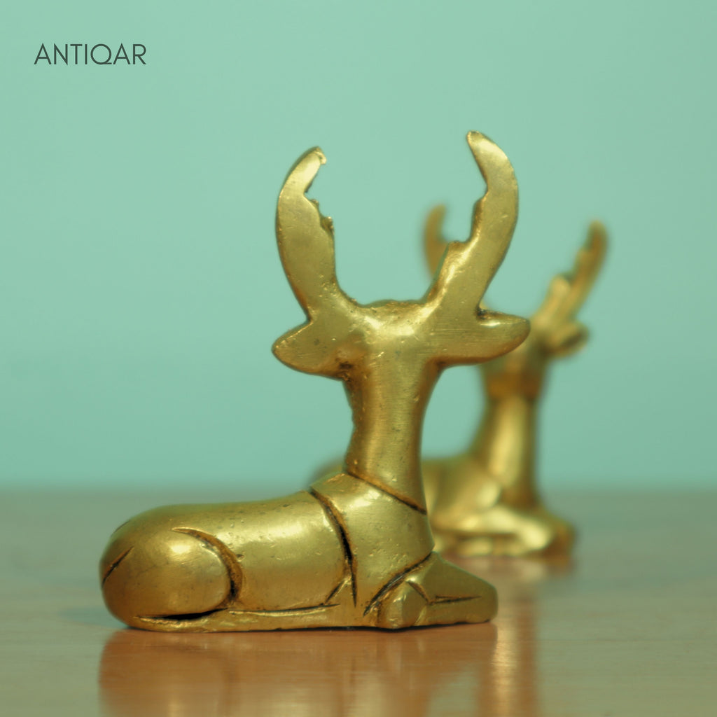Brass Deer Showpiece Pair – 6 cm | Sitting Position with Antique Golden Finish | Handcrafted Decorative Figurines for Temple, Home & Car Dashboard