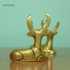 Brass Deer Showpiece Pair – 6 cm | Sitting Position with Antique Golden Finish | Handcrafted Decorative Figurines for Temple, Home & Car Dashboard