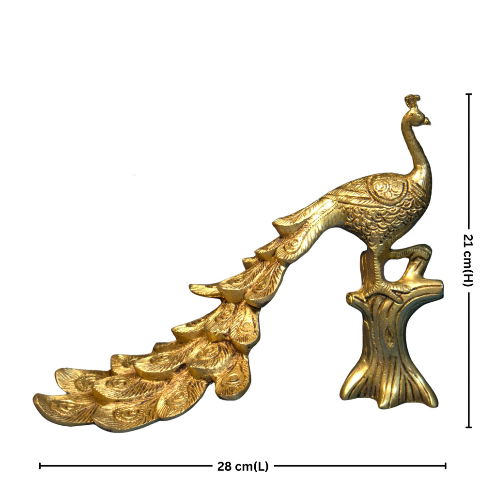 Brass Peacock Showpiece – 21 cm | Sitting on Tree Trunk Design | Antique Golden Finish | Handcrafted Decor for Temple, Home & Table