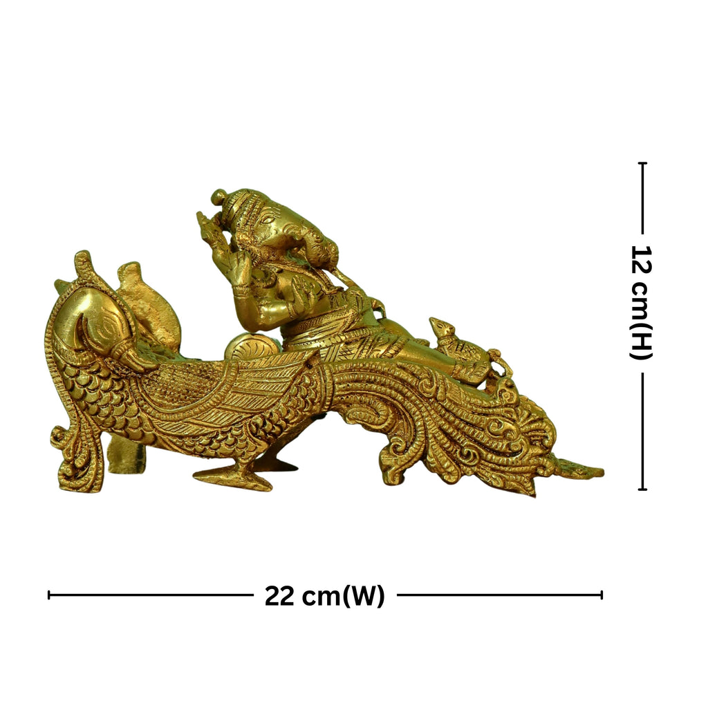 Brass Ganesh Ji Idol – 12 cm | Sitting on Peacock-Carved Singhasan with Ornate Backrest | Antique Golden Finish | Handcrafted Spiritual Decor for Temple, Home & Table