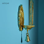 Brass Dancing Peacock Wall Hanging Diya – 23 cm | With One Bell & Intricate Carving | Antique Golden Finish | Handcrafted Decor for Temple, Home & Wall