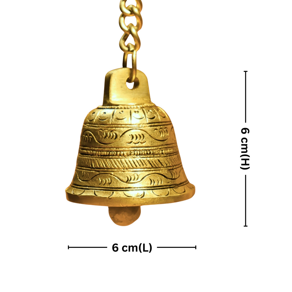 Designer Brass Bell with Kunda Chain – 6 cm | Antique Golden Finish | Handcrafted Puja Hanging for Temple, Home & Festival Decor