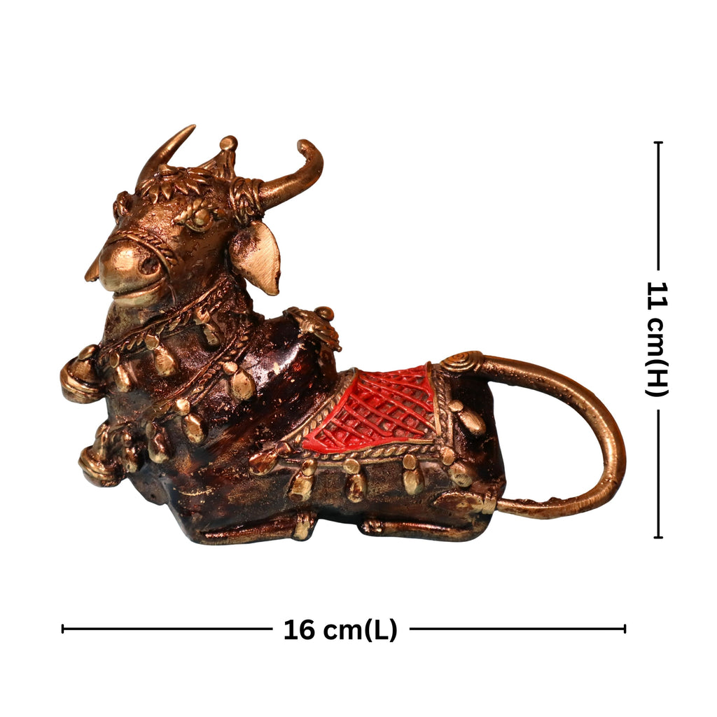 Dhokra Art Brass Nandi – 11 cm | Sitting Position with Brown & Red Antique Finish | Tribal Handcrafted Showpiece for Temple, Home & Table Decor