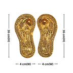 Brass Charan Paduka Pair – 3 cm | With Carved Talwar, Dhanush, Trishul & Chakra | Antique Golden Finish | Handcrafted Spiritual Decor for Temple, Home & Festival Use
