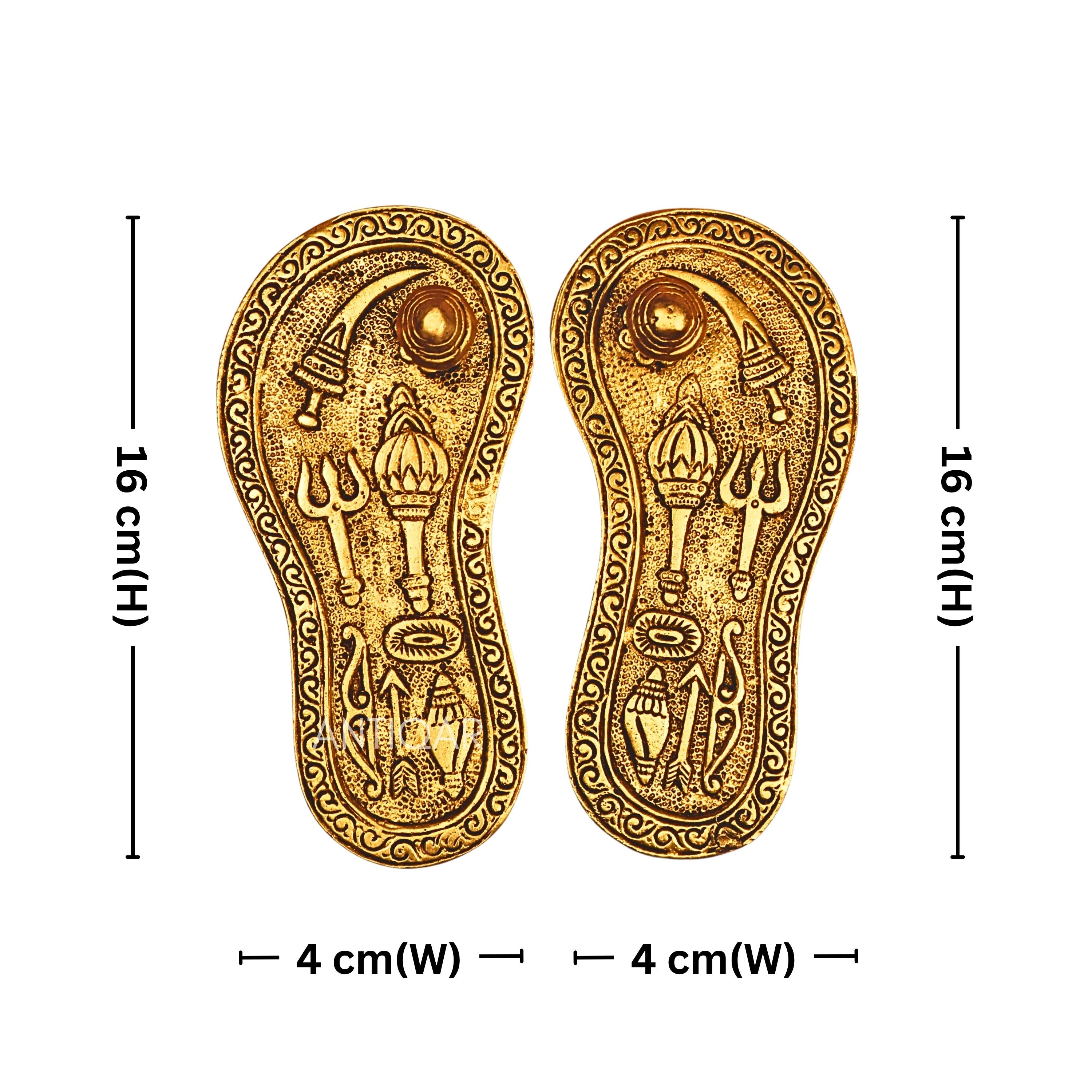Brass Charan Paduka Pair – 3 cm | With Carved Talwar, Dhanush, Trishul & Chakra | Antique Golden Finish | Handcrafted Spiritual Decor for Temple, Home & Festival Use