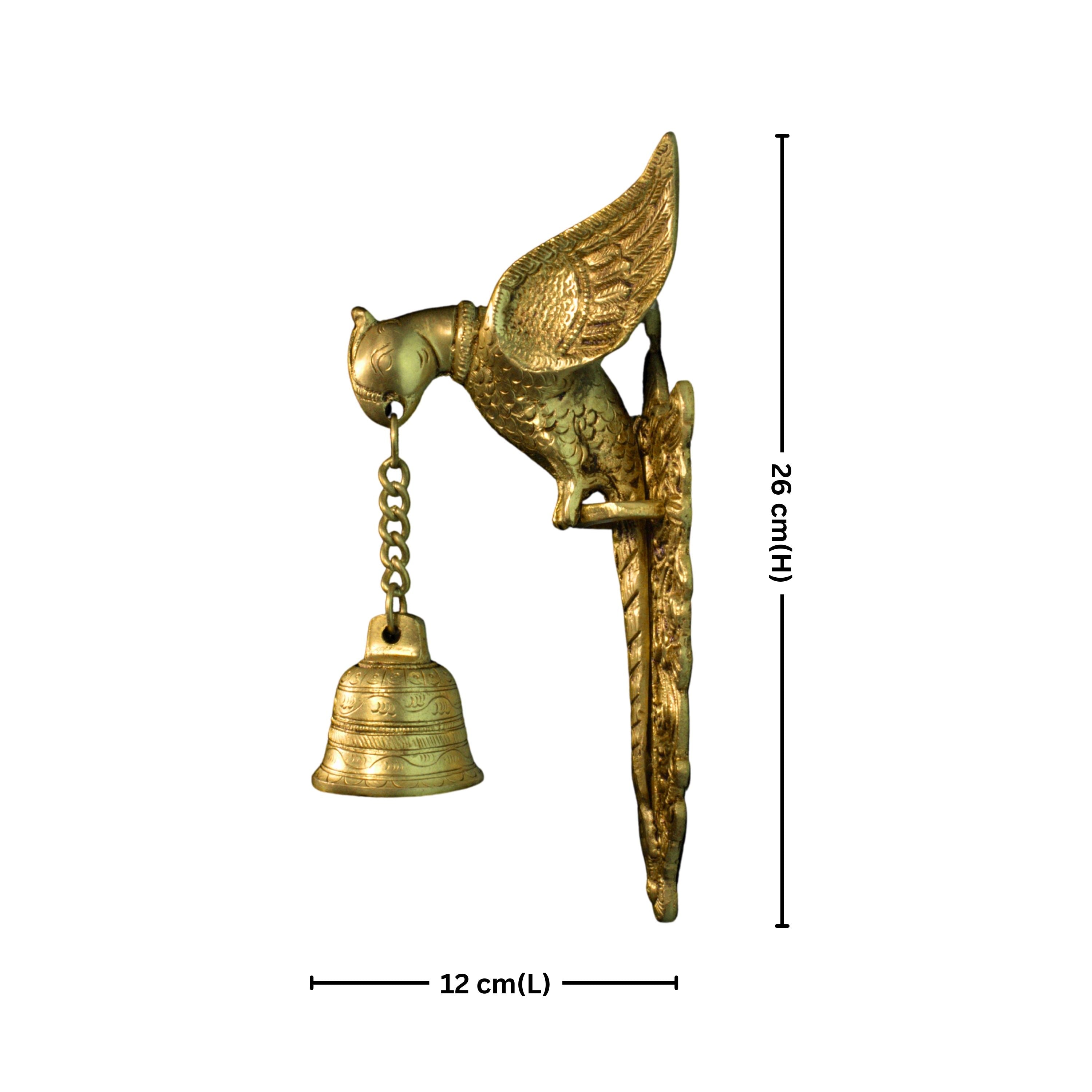 Brass Parrot Wall Hanging – 26 cm | Sitting on Tree Holding Designer Bell | Antique Golden Finish | Handcrafted Decor for Temple, Home & Wall
