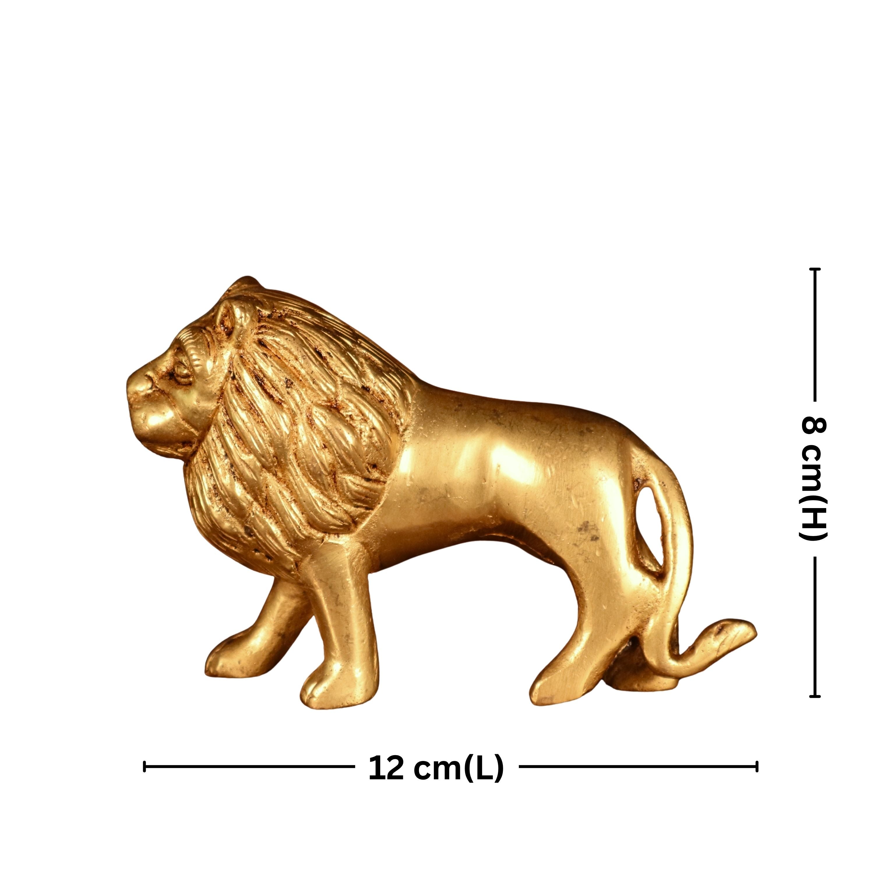 Brass Lion Showpiece – 8 cm | Walking Pose in Antique Golden Finish | Handcrafted Decor for Temple, Home & Table