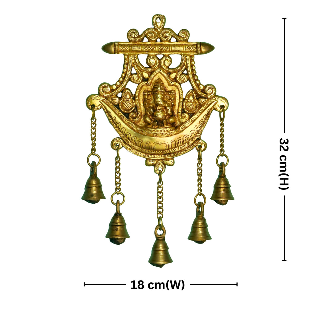 Brass Ganesha Wall Hanging – 32 cm | With Five Bells & Carved Background | Antique Golden Finish | Handcrafted Showpiece for Temple, Home & Wall Decor