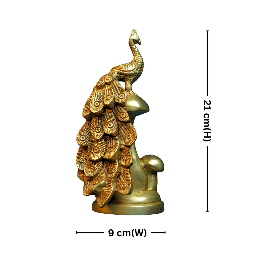 Brass Peacock Showpiece – 21 cm | Sitting on Mushroom | Antique Golden Finish | Handcrafted Decor for Temple, Table & Home