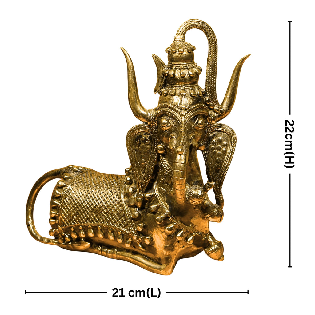 Dhokra Art Brass Nandi – 22 cm | Sitting Pose with Ganesha Face & Trishul on Head | Antique Finish Tribal Handcrafted Showpiece for Temple, Home & Table Decor
