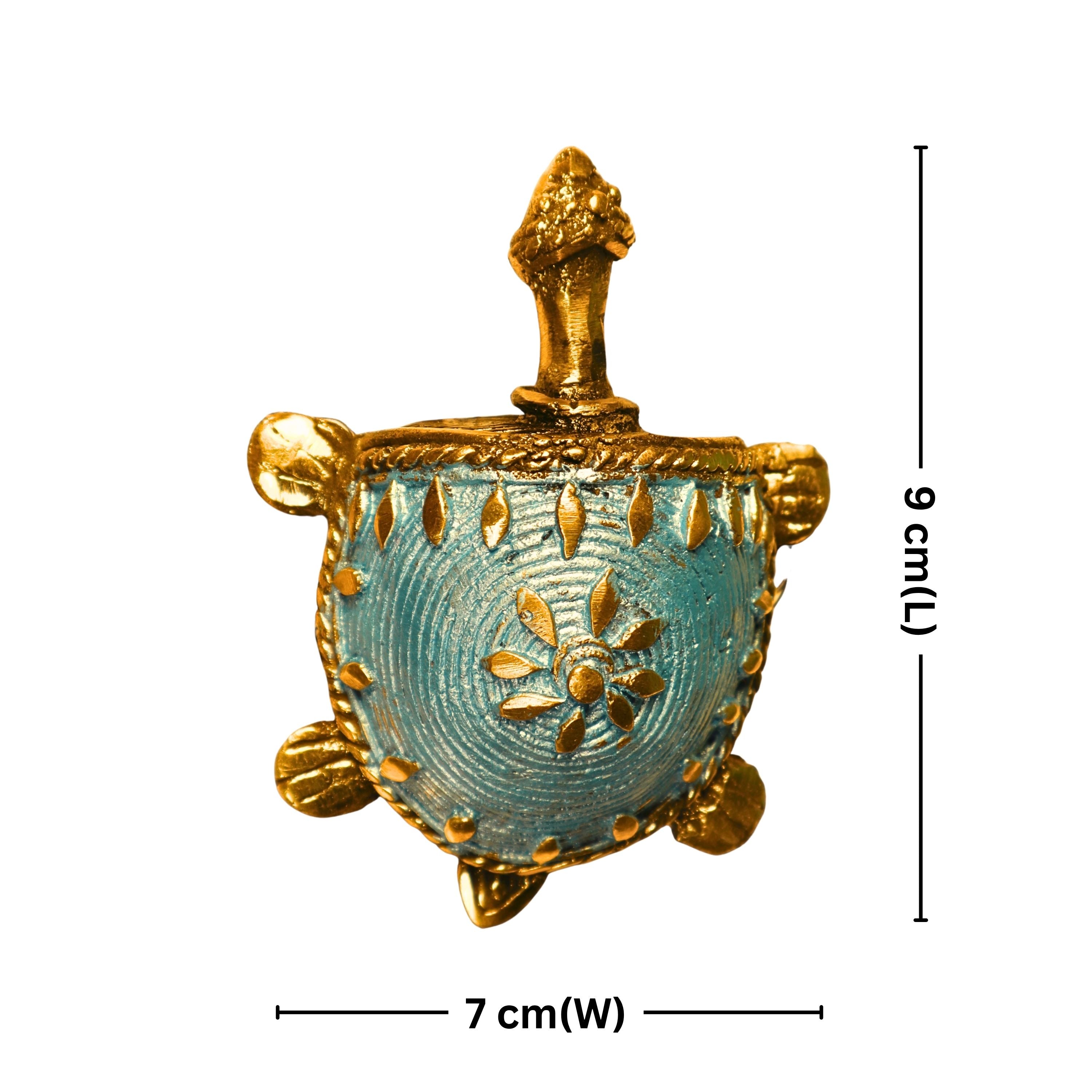 Dhokra Art Brass Turtle – 3 cm | Sky Blue Antique Finish | Tribal Handcrafted Showpiece for Temple, Home & Table Decor