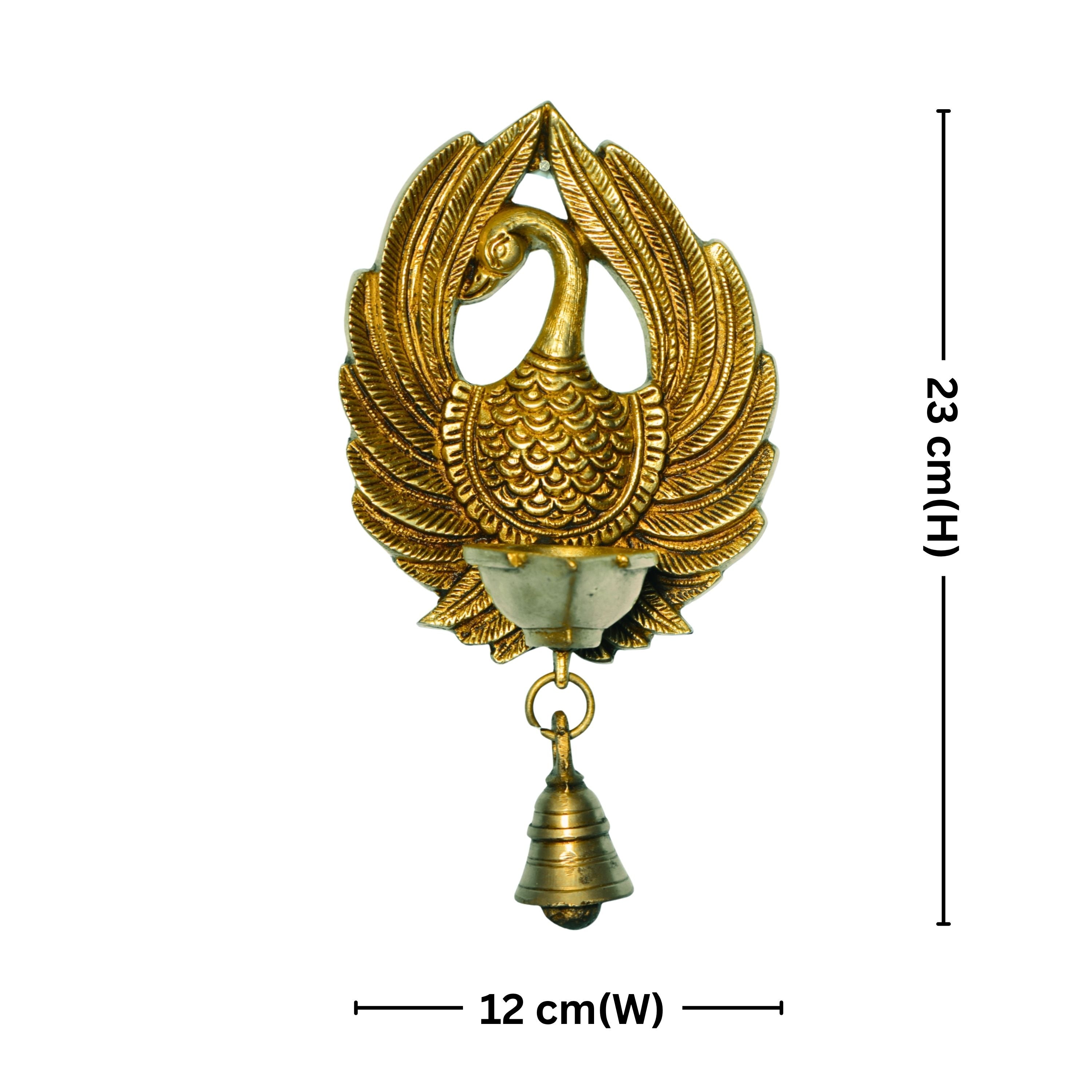 Brass Dancing Peacock Wall Hanging Diya – 23 cm | With One Bell & Intricate Carving | Antique Golden Finish | Handcrafted Decor for Temple, Home & Wall