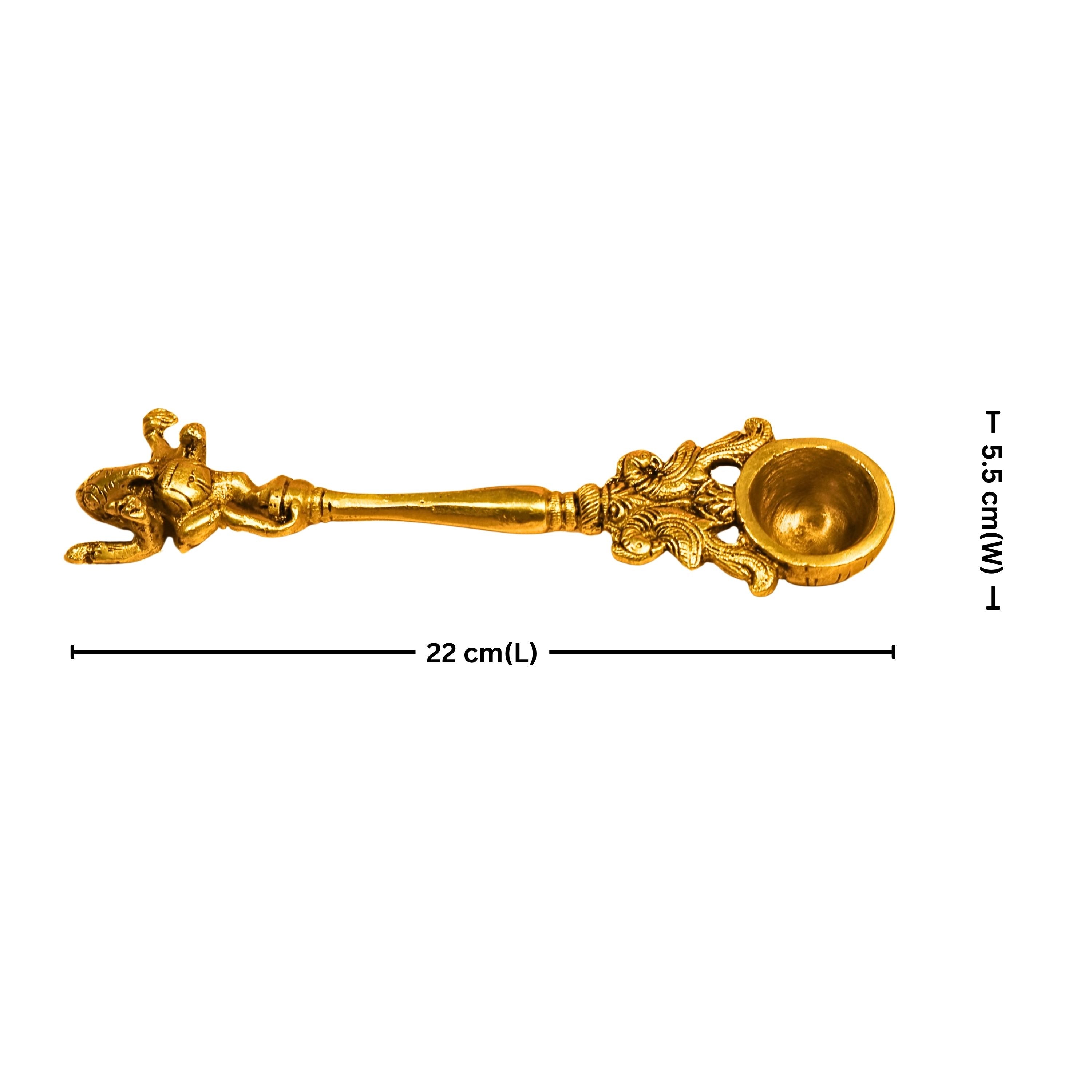 "Dancing Ganesha on Hawan Spoon – 22 cm | Antique Golden Finish | Handcrafted Brass Puja Item for Temple, Home & Festive Decor   "