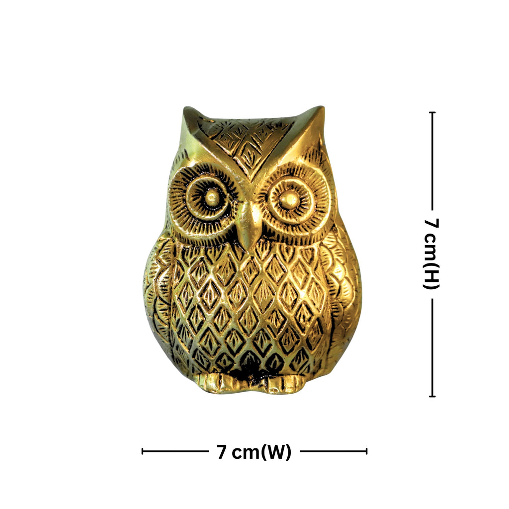 Brass Owl Figurine – 7 cm | Sitting Position with Carved Detailing | Antique Golden Finish | Handcrafted Decor for Temple, Home & Table
